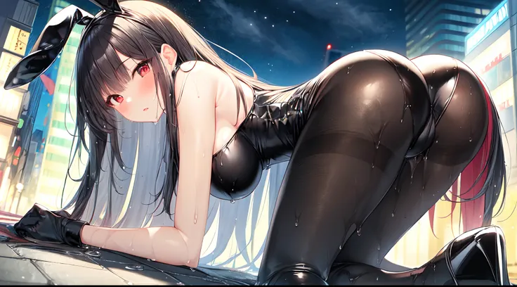 1girl, wet, long hair, black hair, red eyes, large breasts, blush, looking at viewer, black bunny suit, stocking, pantyhose, all fours, kneeling, spread legs, heels, from side, ass, street, night time, city