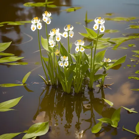 Sagittaria, Sagittaria plant, flowers, Swamp, thickets of arrowhead in the swamp, arrowhead grows out of the water