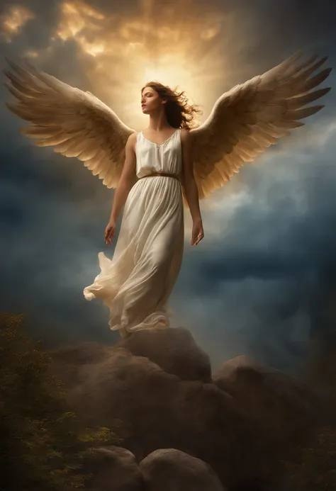 Crie uma imagem realista ,  Where an angel with great wings descends from the heavens above hovering like a saint. the image needs to reflect the passage in the Bible where Paul describes his rapture.