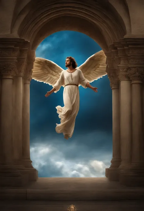 Crie uma imagem realista ,  Where an angel with great wings descends from the heavens above hovering like a saint. the image needs to reflect the passage in the Bible where Paul describes his rapture, segurando espada, arcanjo miguel, cor azul