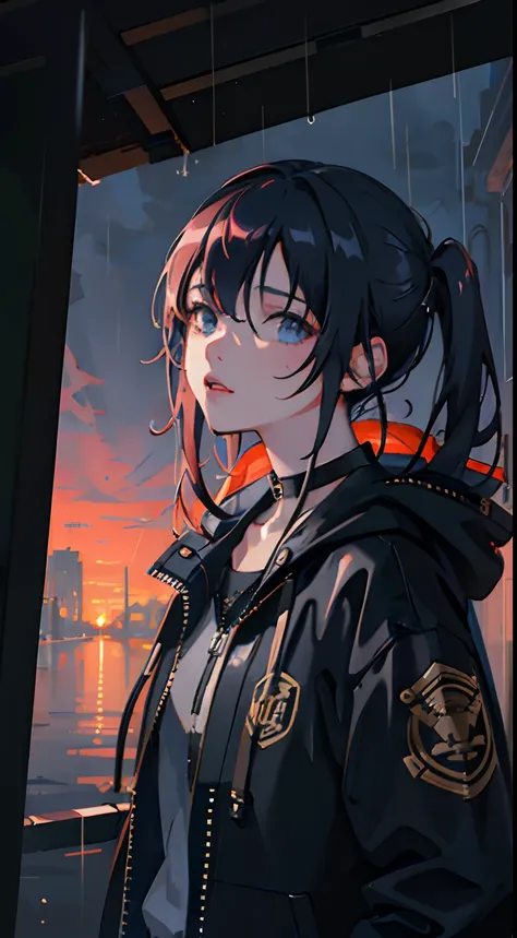 1girl, jacket, rain, outdoor, hoodie, open jacket, chain, backpack, looking at another, messy hair, trending on artstation, 8k resolution, highly detailed, anatomically correct, sharp image, digital painting, concept art, trending on pixiv, style of makoto...