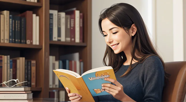 woman reads a funny book, smiles in thought, photorealistic illustration