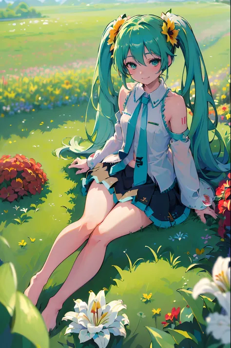 (masterpiece, best quality, highres:1.4), 1girl, ((unity 8k wallpaper, illustration, lily_(flower), beautiful and delicate detailed girl)), hatsune miku, twintails, green eyes, small breasts, flower field, flower, red flower, plant, flower field, smile,