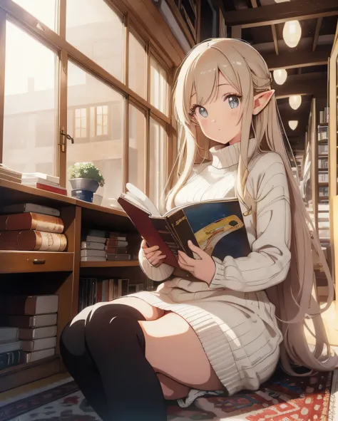 (masterpiece, 1980s anime illustration:1.1), sweet girl with long white hair wearing oversized knit sweater, sitting cross-legged on floor of bookshop, open book in lap, reading intently, surrounded by stacks of old books, afternoon sun streaming in throug...