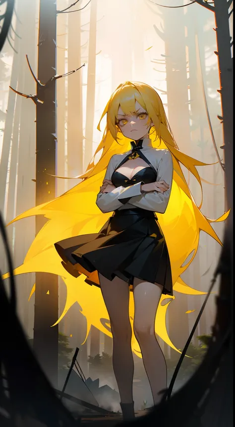 1girl small,solo,20s,angry face,(((woman face))),little cleavage,white blouse,black skirt, yellow hair,long hair,yellow eyes,(closed arms),burning body,burning on floor,(((standing in front of a forest)))