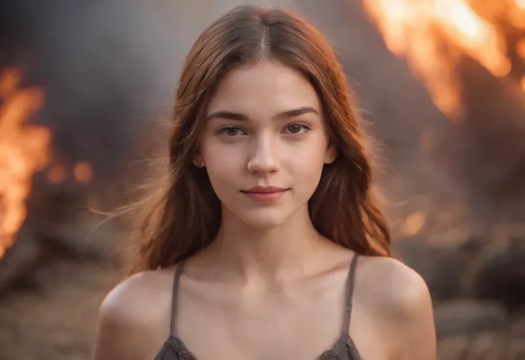 16 yo teen girl wearing hardly any clothes walking towards the camera with a smile on her face. The background is in flames.