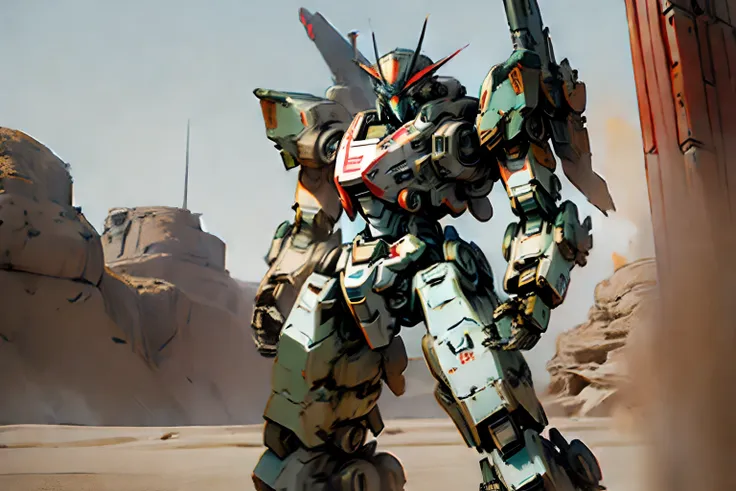 ((mecha space, amored core 6)), combatendo em um deserto com ruinas, mecha estilo jogo titanfall, gunda pavio