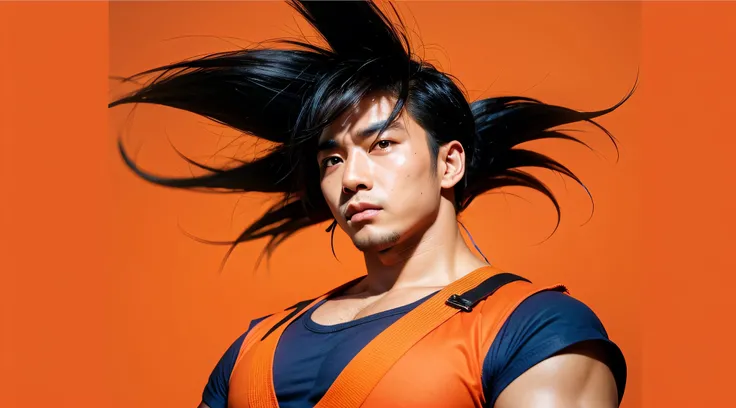 asian man, black hair, orange shirt with blue edges, muscular