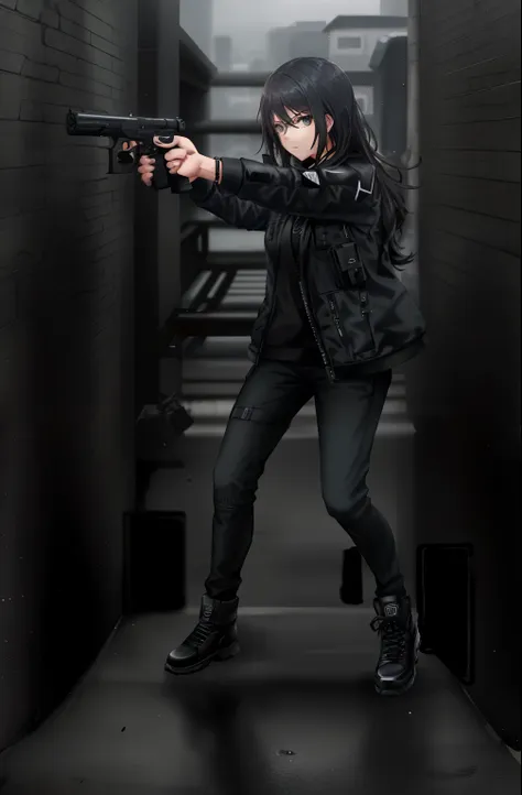 woman in black jacket holding a gun, an edgy teen assassin, shooting pose, photograph of a techwear woman, dramatic wielding gun...