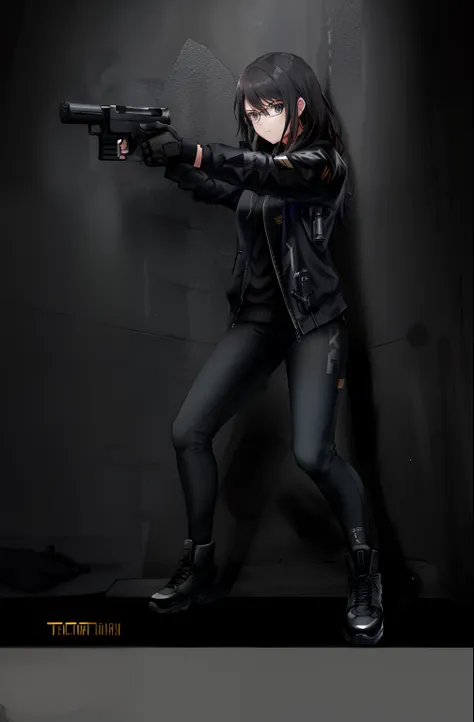 woman in black jacket holding a gun, an edgy teen assassin, shooting pose, photograph of a techwear woman, dramatic wielding gun...