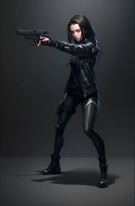 woman in black jacket holding a gun, an edgy teen assassin, shooting pose, photograph of a techwear woman, dramatic wielding gun pose, with pistol, female lead character, in an action pose, action glamour pose, full body action pose, action poses with weap...