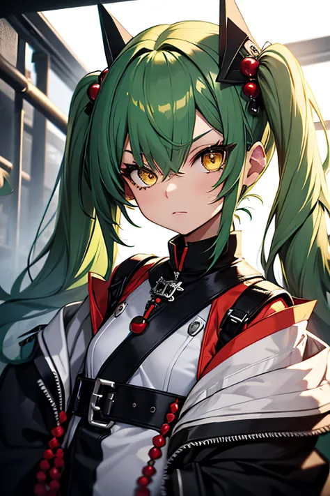 1 girl, green hair, yellow eyes,twintails,black eyeliner, white army outfit,Red hair beads,small chest.