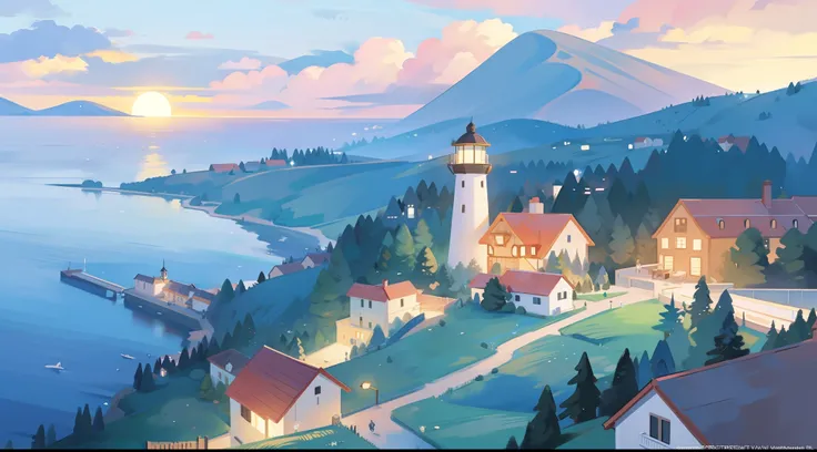 ((picture book illustration)), ocean fantasy, watercolor illustration, whimsical, sunset colors, village, houses, huge lighthouse, ((masterpiece)), highly detailed environment