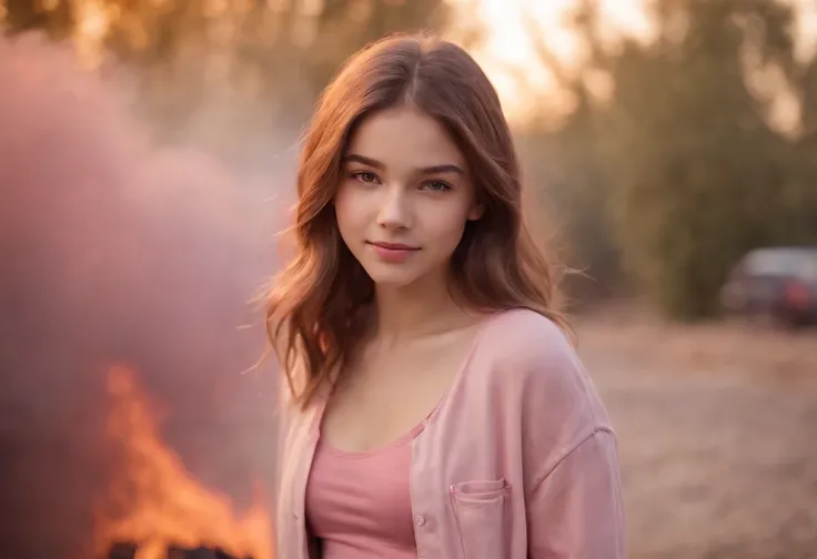 14 yo teen girl wearing hardly any clothes walking towards the camera with a smile on her face, wearing pink pants, The background is in flames.