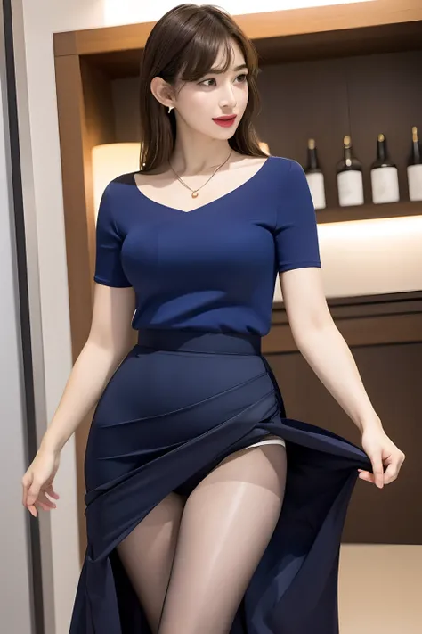 Short sleeve、Skirt lift、Show off panties、Panties under pantyhose、Shiny tight skirt、Turn up your skirt、Long body、A slender、Inside the city、adult  woman、adult lady、skin-tight、Show your pants