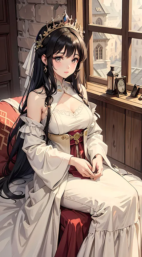 A girl who lives in the castle usually appears romantic and charming.  Heres a possible description:

 The girl who lives in the castle is distinguished by her beauty and elegance.  She has long, shiny hair that falls femininely on her shoulders.  Her eyes...