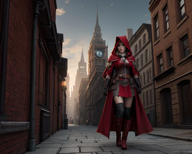 Red Riding Hood, full body, realistic skin, red gloves, long boots, long cloak, urban city, steampunk city, daytime, 4K resolution, 8K resolution, very detailed, highly detailed, volumetric lighting, photo realistic, realistic lighting, unreal engine 5, re...