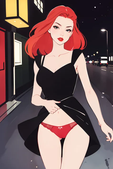 (masterpiece:1.2, best quality), 1girl, 18yo, red panties, black dress, ginger hair, femme fatale, noir, red lipstick, night, dark, 1930s city street, anime minimalist, watercolor