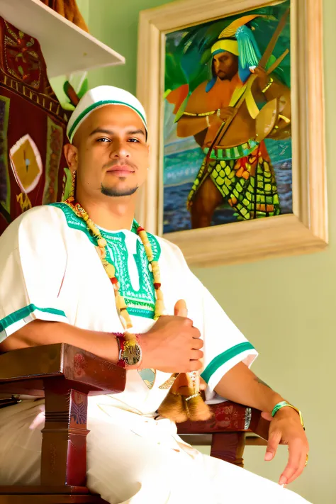 Araffe homem com rosto bonito em roupa branca e verde sentado em uma cadeira, ayahuasca shaman, wearing authentic attire, José Moncada, vestindo trajes tradicionais, inspirado em Samuel Silva, david rios ferreira, ayahuasca ceremony, Dan dos Santos, Mongez...