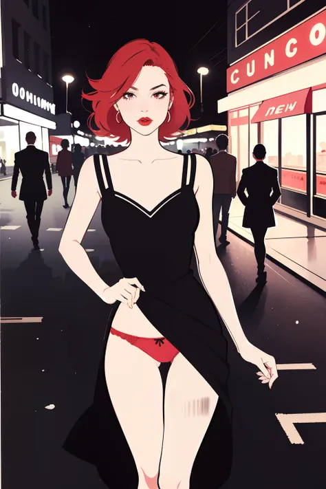 (masterpiece:1.2, best quality), 1girl, 18yo, red panties, black dress, ginger hair, femme fatale, noir, red lipstick, night, dark, 1930s city street, anime minimalist, watercolor