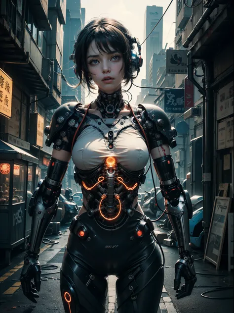 ((1 cybernetic girl facing camera)) (mechanical made limbs s:1.2),((mechanical limbs)),(blood vessels connected to tubes),(mechanical vertebra attaching to back),((mechanical cervical attaching to neck)),expressionless,(wires and cables attaching to neck:1...