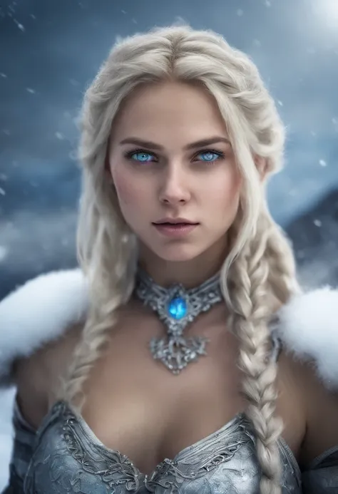 (photo, realistic), fantasy RPG, female, Icelandic, (detailed skin texture), straight blonde hair, blue eyes, iceland sexy outfit, crop-top, snow field, high land, high quality, film grain, depth of field,