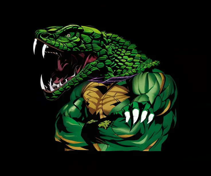 human muscle mutant with snake head, He has his arms crossed and his claws sharp, the body is full of green schemes