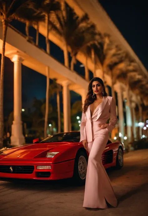 A young Turkish girl at Miami ,retro vibes along with a Ferrari testarossa , enjoying nightscape , near palm trees , wearing khadi brand suit , Mehwish Hayat