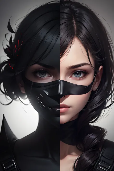 Illustrate a realistic portrait of a person wearing a mask that covers half of their face, with cinematic lights creating a sharp contrast and emphasizing the duality between the visible part and the hidden part of the face.