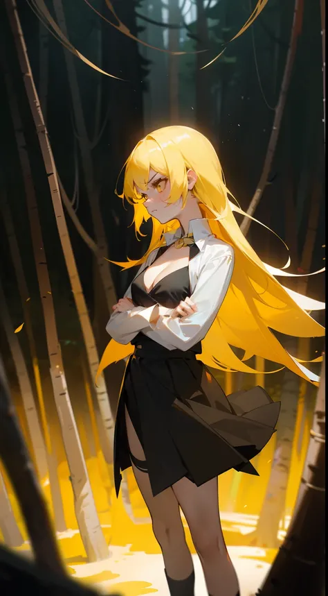 1girl small,solo,20s,angry face,(((woman face))),little cleavage,white blouse,black skirt, yellow hair,long hair,yellow eyes,(closed arms),burning body,burning on floor,(((standing in front of a forest)))