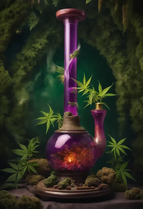 a magical waterpipe bong surrounded with cannabis buds in a smoking environment with rolling papers laying around