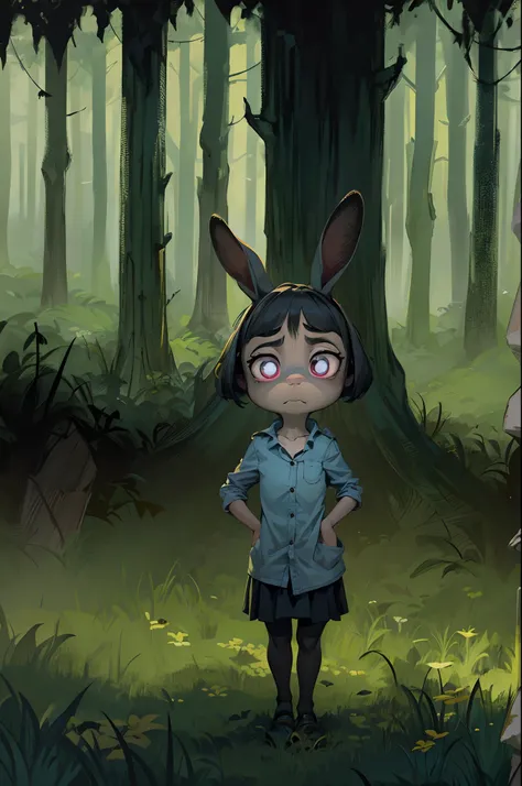 ((fear)),(solo), JudyHoppsis depicted in an eerie manner as she stands wide-eyed and trembling in a dim and flickering light. The background setting of the image is a dense and foreboding forest, adding to the sense of fear. As JudyHopps tries to navigate ...