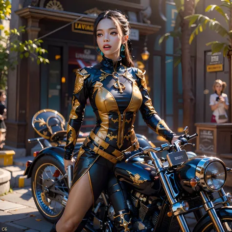 Masterpiece epic girl sunLight Heroe suit Marvel outfits Harley_Davidson Beholder ultra_realist saturate meticulously intricate ultra pro-photorealistic optimal ultra_high_quality accurate ultra_high_detail ultra_high-resolution color-coded shading max per...