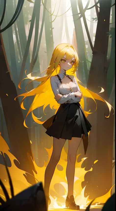 1girl small,solo,20s,angry face,(((woman face))),little cleavage,white blouse,black skirt, yellow hair,long hair,yellow eyes,(closed arms),burning body,burning on floor,(((standing in front of a forest)))