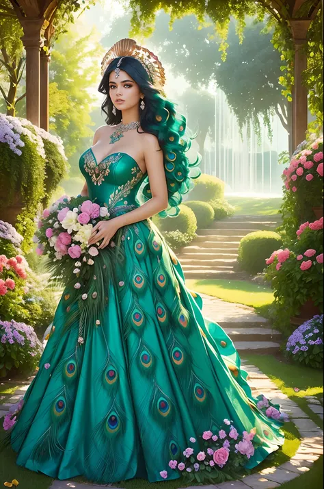 a beautiful peacock goddess, close up, surrounded by flowers, in a floral garden, long wind blown hair, feather shiny beautiful dress, soft face, full lips, soft light, sunlight background, garden background, magical scenery, best quality