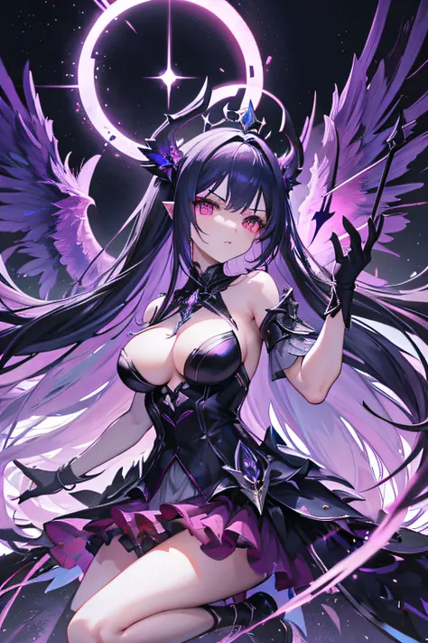 Gewitter, finstere Nacht, Angry young goddess of evil in a sparkling dark red and purple fantasy demon dress with wings and horns floats in the storm, In her hand she holds a black spear, ihre Augen leuchten dunkel lila, dark purple huge flashing wings, gr...