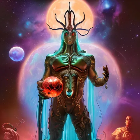 Terrifying alien space monster with gold and silver skin,holding a cane with red,verde,Diamantes naranjas y azules,futuristic,((masculino,cuerpo completo)),Arte de Boris Vallejo,h.r. Giger y Julie Bell,((Arte ultrahiperrealista,elegante,Bellas Artes)),((hi...