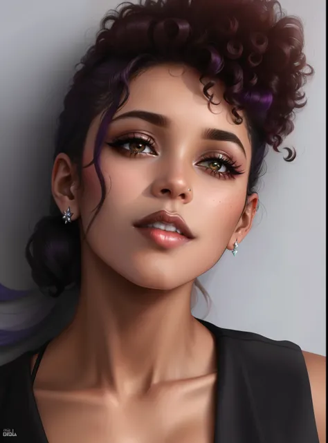 um close up de uma mulher com um top preto e um batom roxo, Emmanuel Nathalie, Directed by: Lily Delissa Joseph, ( ( pele escura ) ), taken in the early 2020s, Mulher de 30 anos do Brasil, Ela tem pele marrom oliva, Thais araujo, cabelos cacheados e curtos...