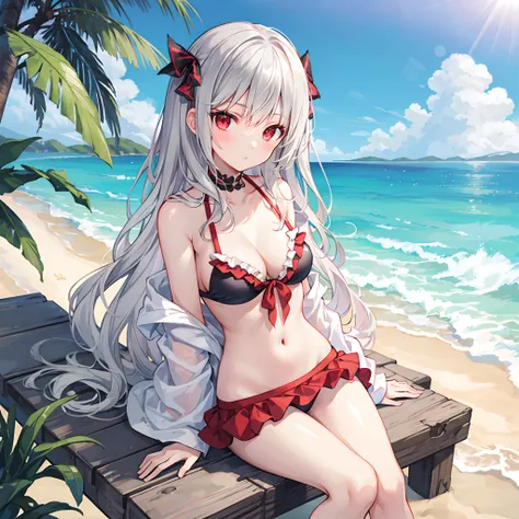 Wavy gray hair、red eyes、Beautiful girl alone、Bikini with ruffles、gravure、sitting on、the beach