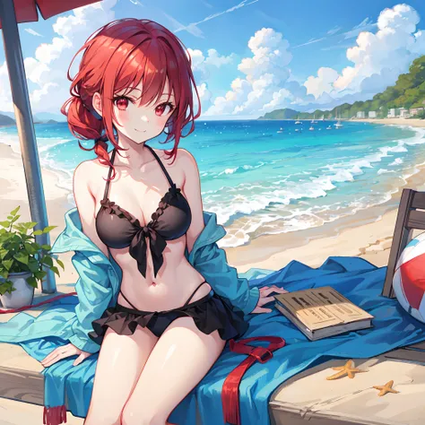 Red hair、poneyTail、red eyes、Beautiful girl alone、The bikini、sitting on、gravure、the beach、a smile