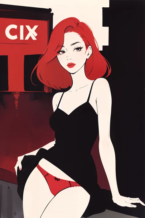 (masterpiece:1.2, best quality), 1girl, 18yo, red panties, black dress, ginger hair, femme fatale, noir, red lipstick, night, dark, 1930s city street, anime minimalist, watercolor