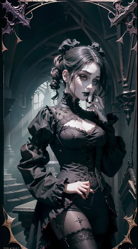 Official Art, Unity 8k wallpaper, ultra-detailed, beautiful, beautiful, ((New Goth gal:1.4)), masterpiece, best quality, dark, atmospheric, mystical, romantic, creepy, literature, art, fashion, victorian, decoration, intricate, ironwork, lace, contemplatio...