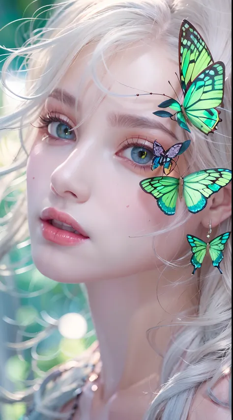 16k high quality wallpapers，Surrealist broken glass photo（Detailed eyes,Long eyelashes,Bright and colorful iris,Expressive eyebrows,Blend eyeshadow perfectly,Eyes sparkle,Reflective eyeballs，Heterochromia），（Silver-blue long-haired girl ， A lot of hair 1。3 ...