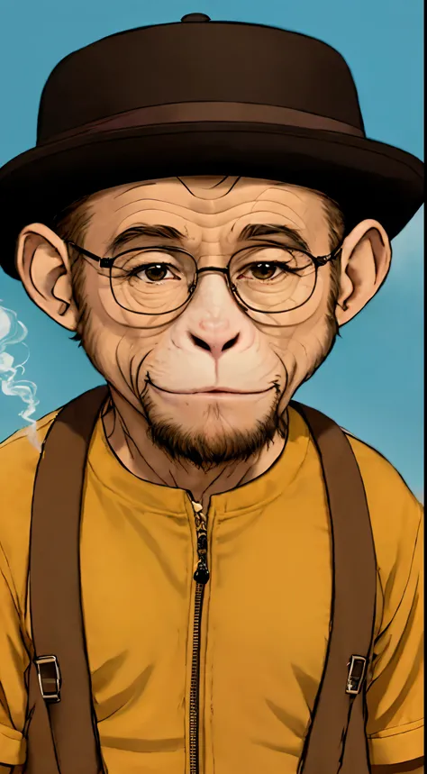 Cartoon monkey with a Bitcoin hat and glasses smoking a cigarette, Typical cryptocurrency nerd, macaco entediado nft, Satoshi, cripto, Retrato NFT, Satoshi com, estilo varguyart, macaco, archwizzard in a hat, bitcoin, Assunto= chimp, Arte no estilo de Josh...