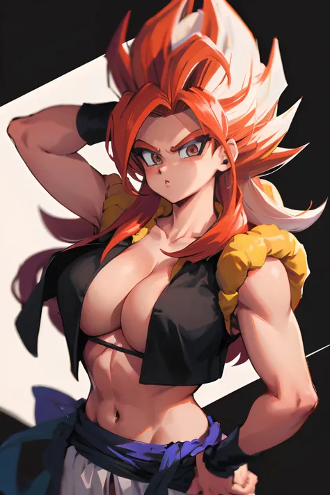 Brasier, ((flushed)) ((mujer)) Gogeta, cabello largo, ((falda blanca))