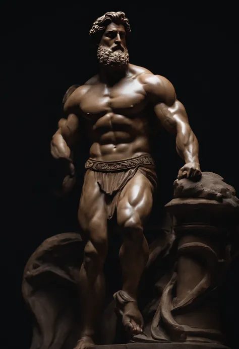 Stoic Greek Hercules style statue with muscles highlighted cinematic dark background 8k