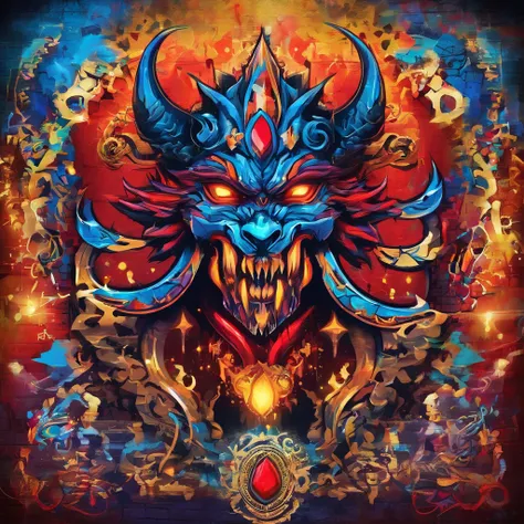 100th Ring Demon, many rings, colors are gold glowing with red and blue gems, masterpiece, best quality