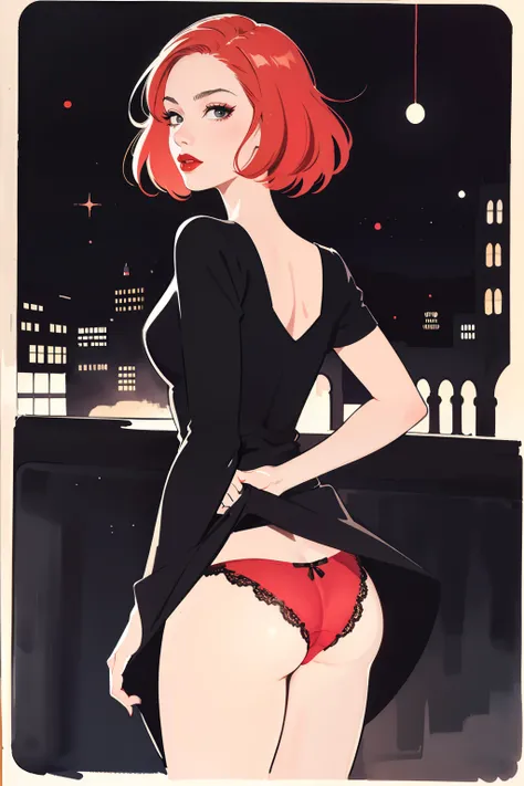 (masterpiece:1.2, best quality), 1girl, 18yo, red panties, black dress, from behind, ginger hair, femme fatale, noir, red lipstick, night, dark, 1930s city street, anime minimalist, watercolor