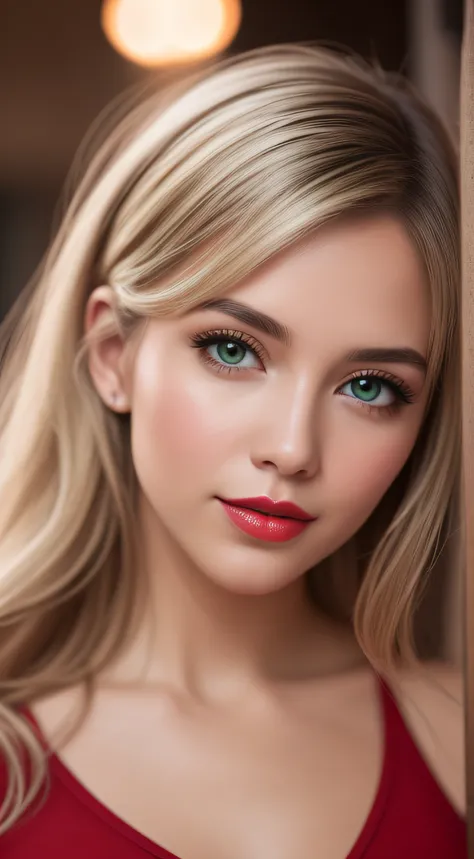 A young and beautiful woman, coiffed blonde hair，Gently drop to your shoulders in waves, Medium Tall, Big green eyes, with fair skin, She was in her pajamas, She was in bed, Do hair care before bedtime, The environment is illuminated by warm and pleasant l...