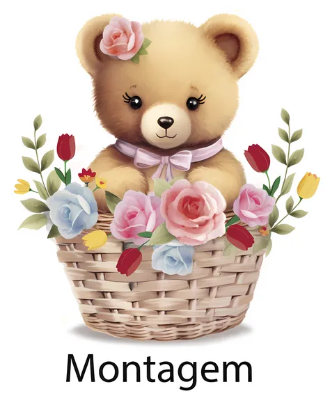 Theres a teddy bear sitting in a basket with flowers, mulher bonito, vista ampla, menina bonito, Telegrama Sticker, Directed by: Martina Krupičková, Cottagecore, floral, teddy bear, then, urso em miniatura, Monógono, caixa, Humor quente, Fanart, design de ...